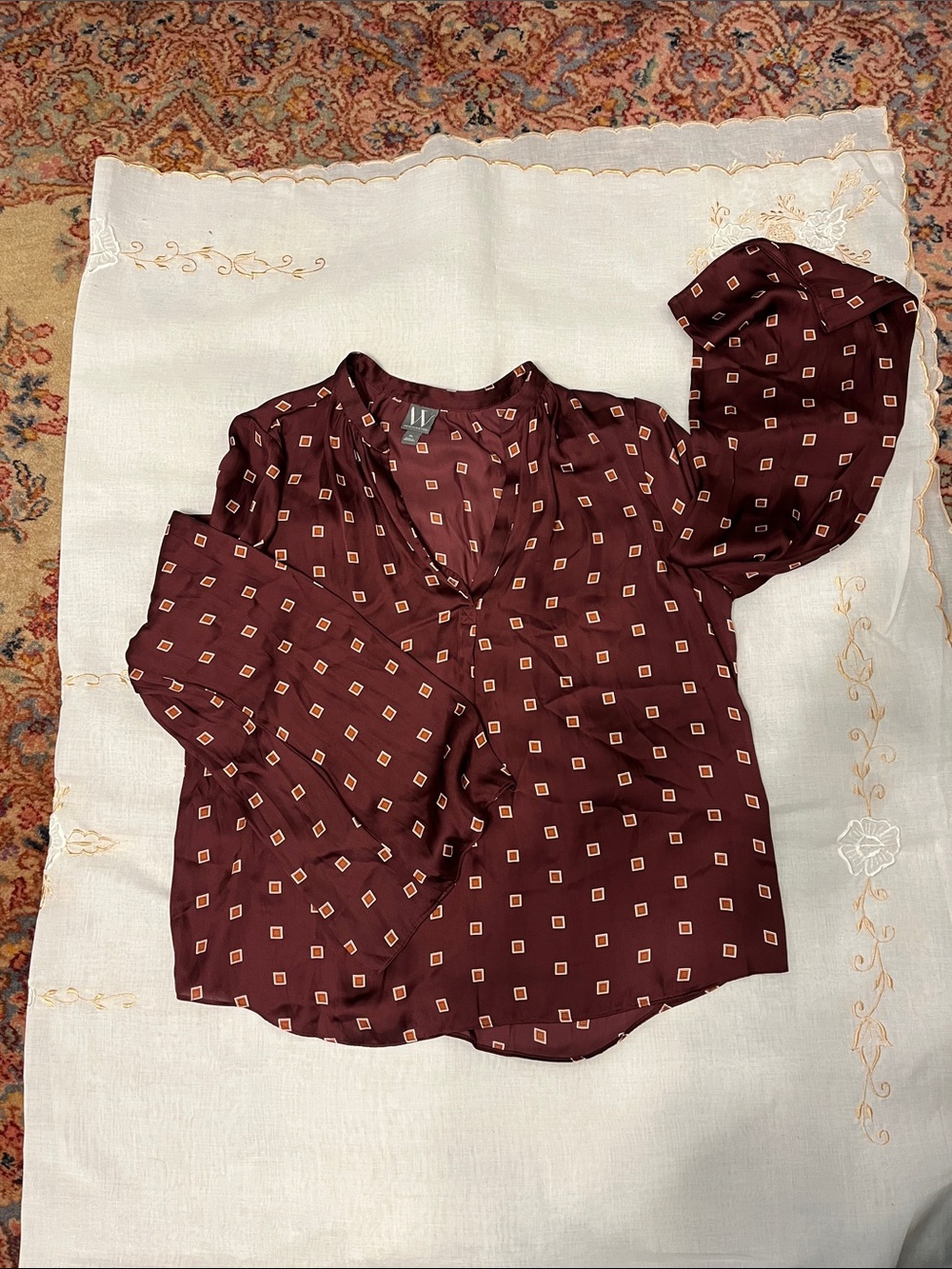 W by Worthington Maroon Square Print V-Neck Blouse